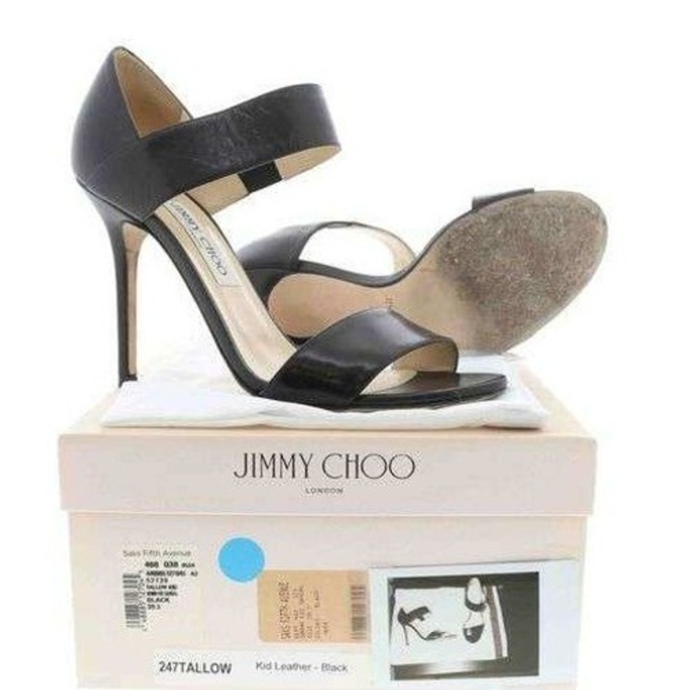 Jimmy Choo Black Leather Ankle‎ Strap Stiletto Sandals Heels Size 39.5